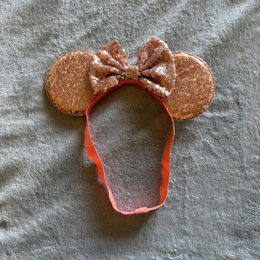 Rose Gold Sequin Mouse Ears Headband Matching Bow Disney Parks Style - J110